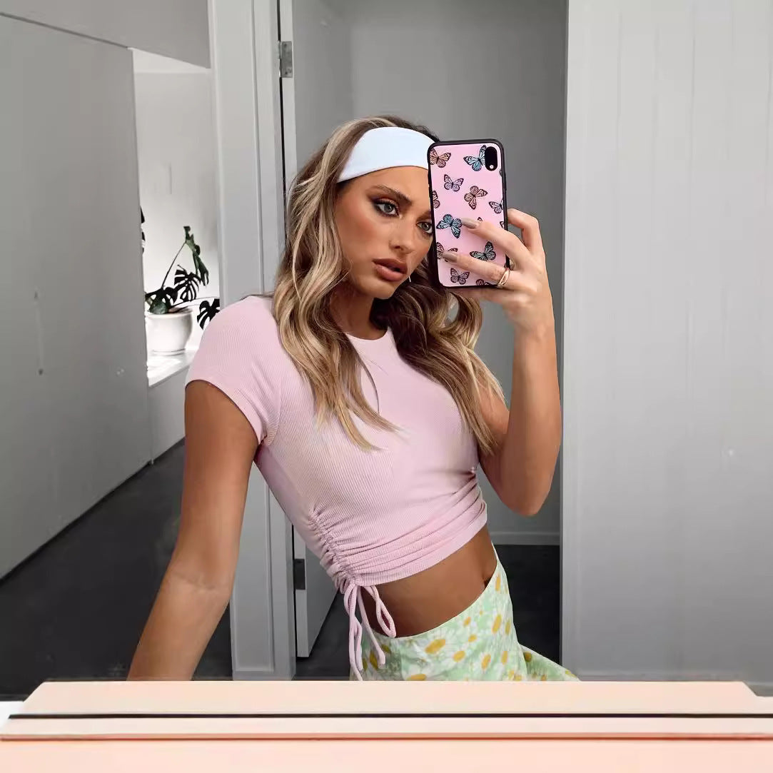 Buttoned Pit Strip Drawstring Short Sleeve T-shirt