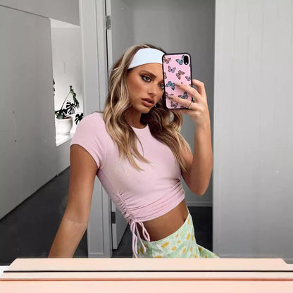 Buttoned Pit Strip Drawstring Short Sleeve T-shirt