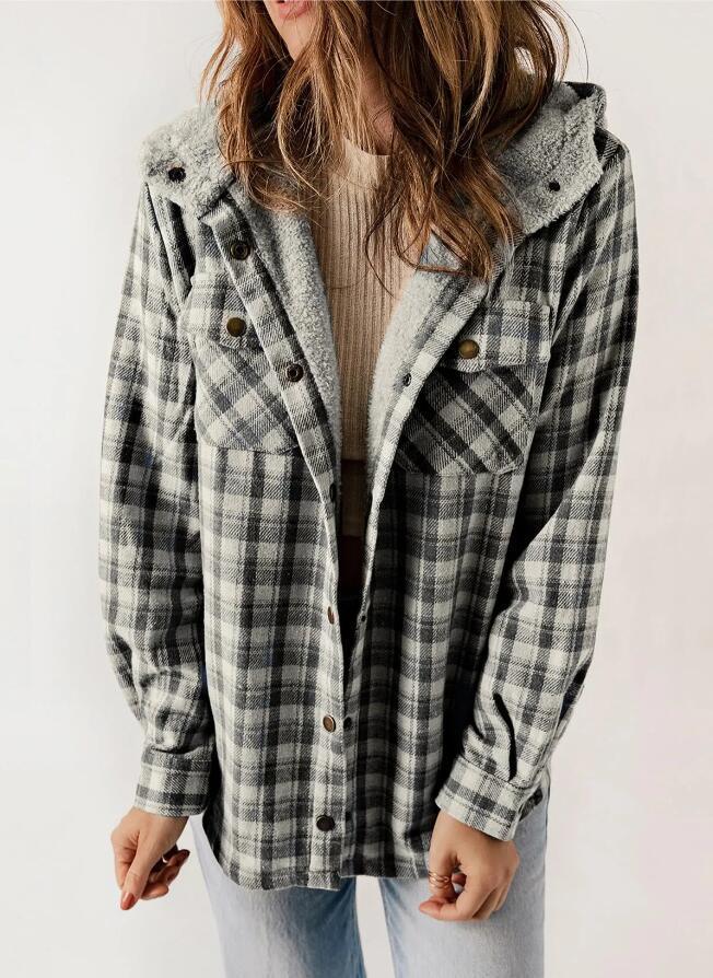 Women's Plaid Fleece Hooded Shacket with Pockets