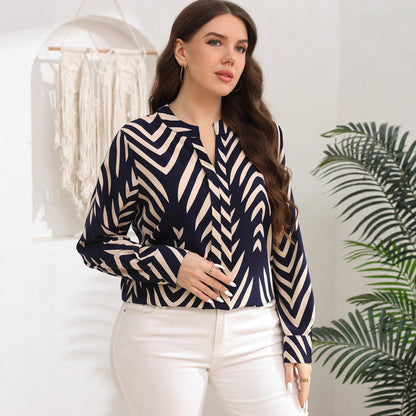 Geometric Print Plus Size V Neck Long Sleeve Blouse