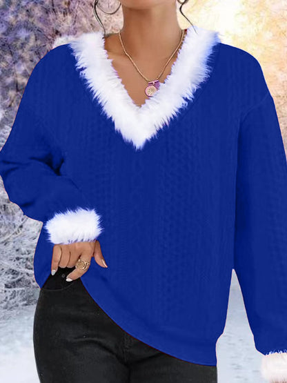 Women's Faux Fur V-Neck Cable Knit Christmas Sweater