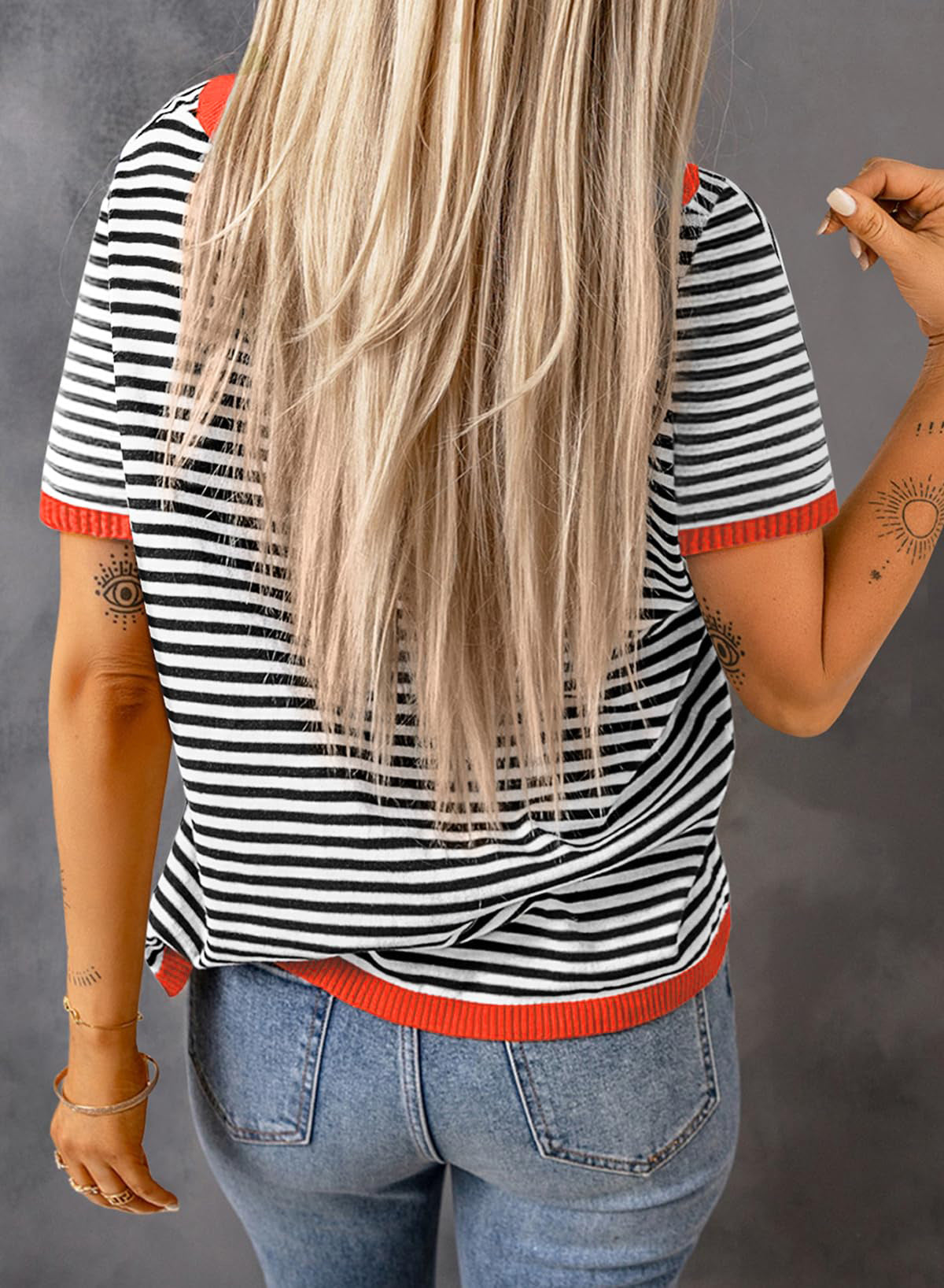 Red Stripe Contrast Trim Short Sleeve Knit Tee
