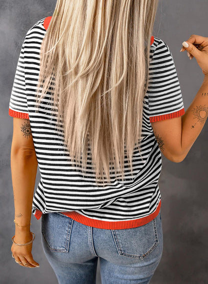 Red Stripe Contrast Trim Short Sleeve Knit Tee