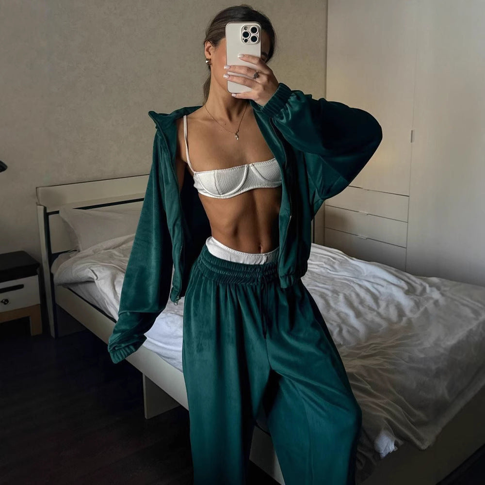 Women's Velvet Zip Up Jacket Wide Leg Pants Matching Set