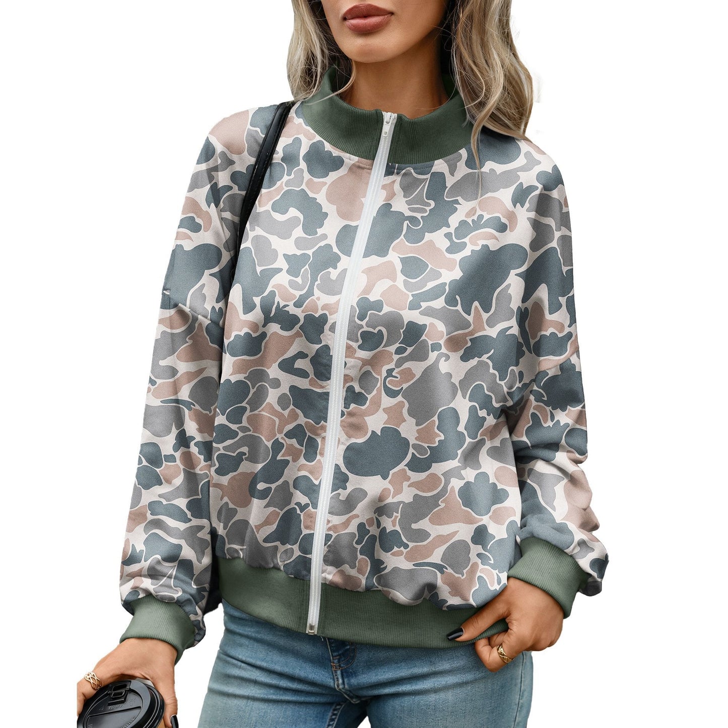 Women's Oversize Zip Up Printed Sweatshirt Mock Neck Ribbed
