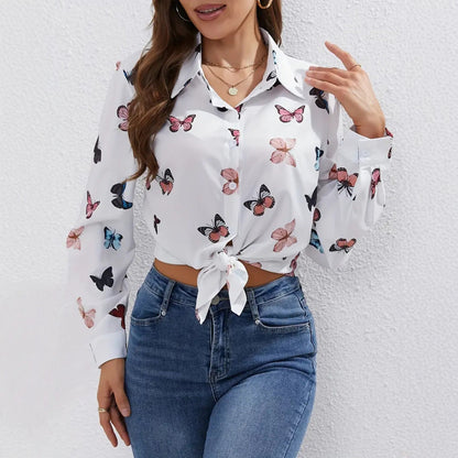 Women's Butterfly Print Long Sleeve Button Down Shirt