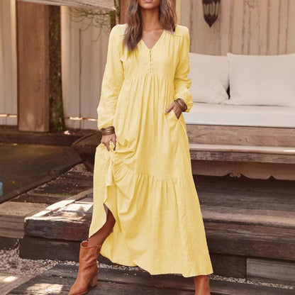 Women's Long Sleeve V-Neck Button Tiered Maxi Dress Pockets
