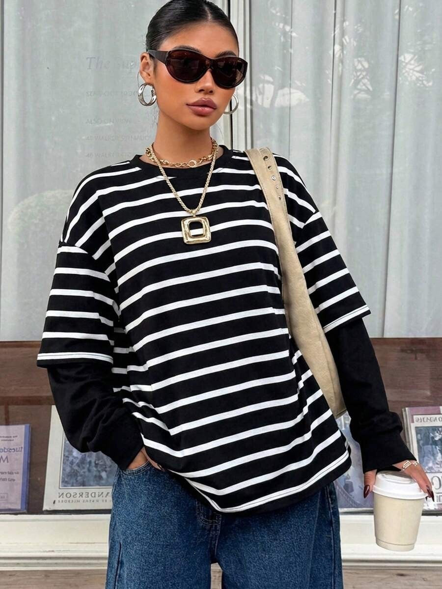 Striped layered look top relaxed long sleeve