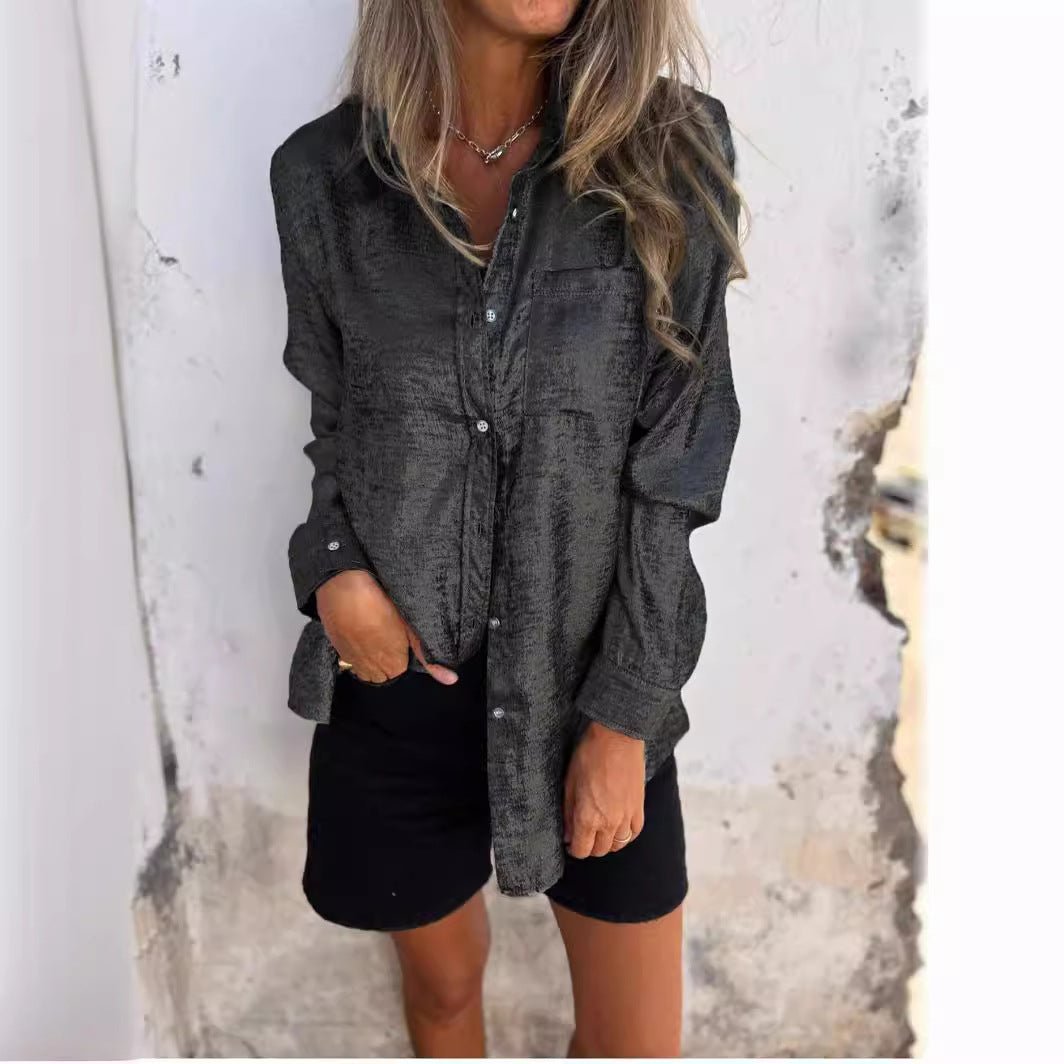 Women's Metallic Suede Button Down Shirt Long Sleeve Tunic