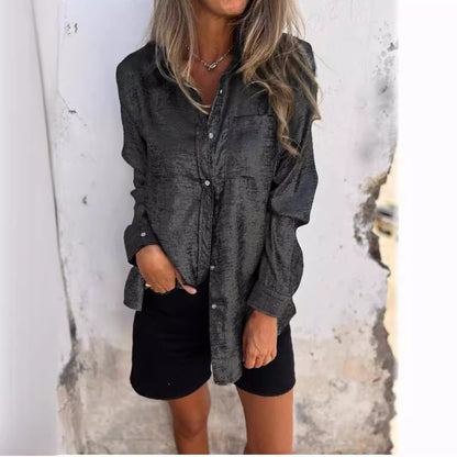 Women's Metallic Suede Button Down Shirt Long Sleeve Tunic
