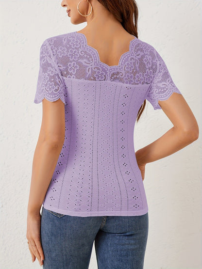 Lace Patchwork Slim Fit V-Neck Short Sleeve Top