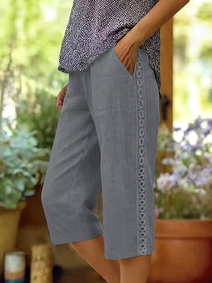 Lace Trim Linen Look Capri Pants Wide Leg Pocket