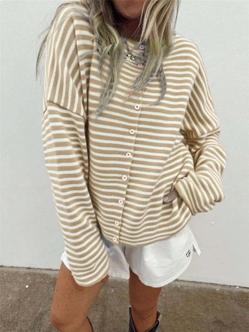 Women's Streetwear Striped Knit Button Cardigan Sweater