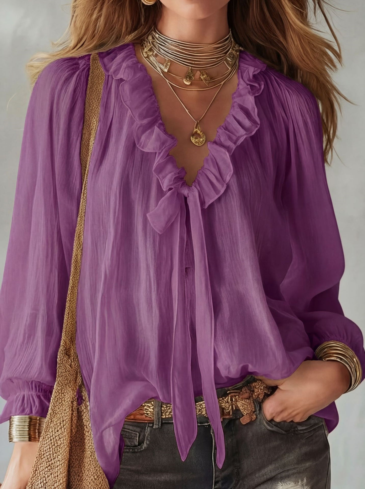 Women's Ruffle V Neck Tie Front Long Sleeve Blouse