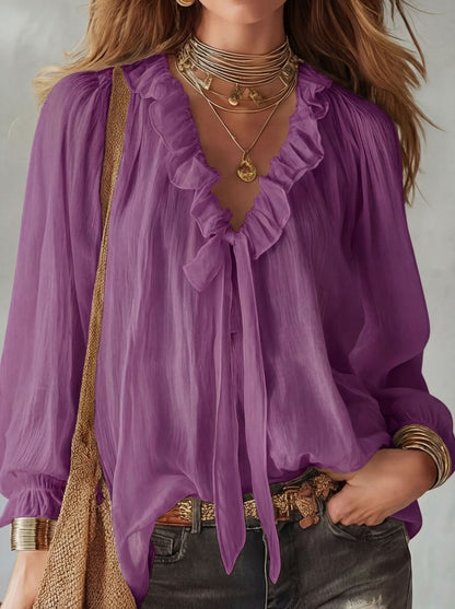Women's Ruffle V Neck Tie Front Long Sleeve Blouse