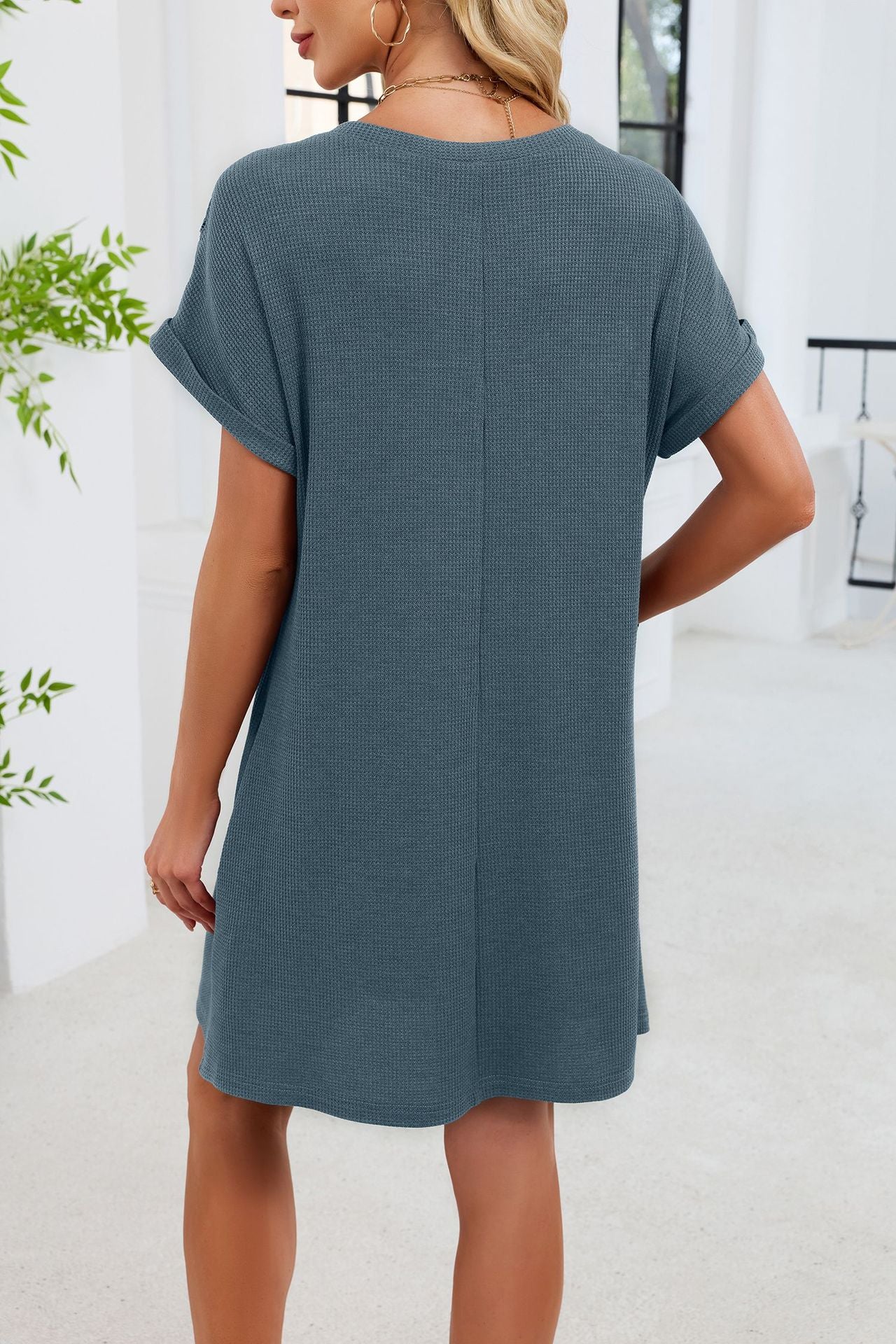 Blue Gray Yoke Loose T Shirt Dress Crew Neck