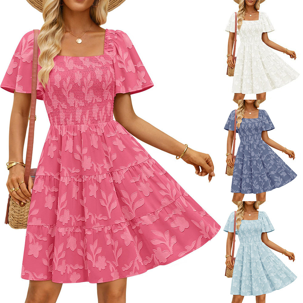Smocked Square Neck Floral Tiered Mini Dress Flutter Sleeve