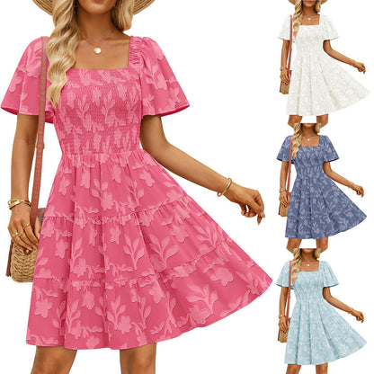 Smocked Square Neck Floral Tiered Mini Dress Flutter Sleeve