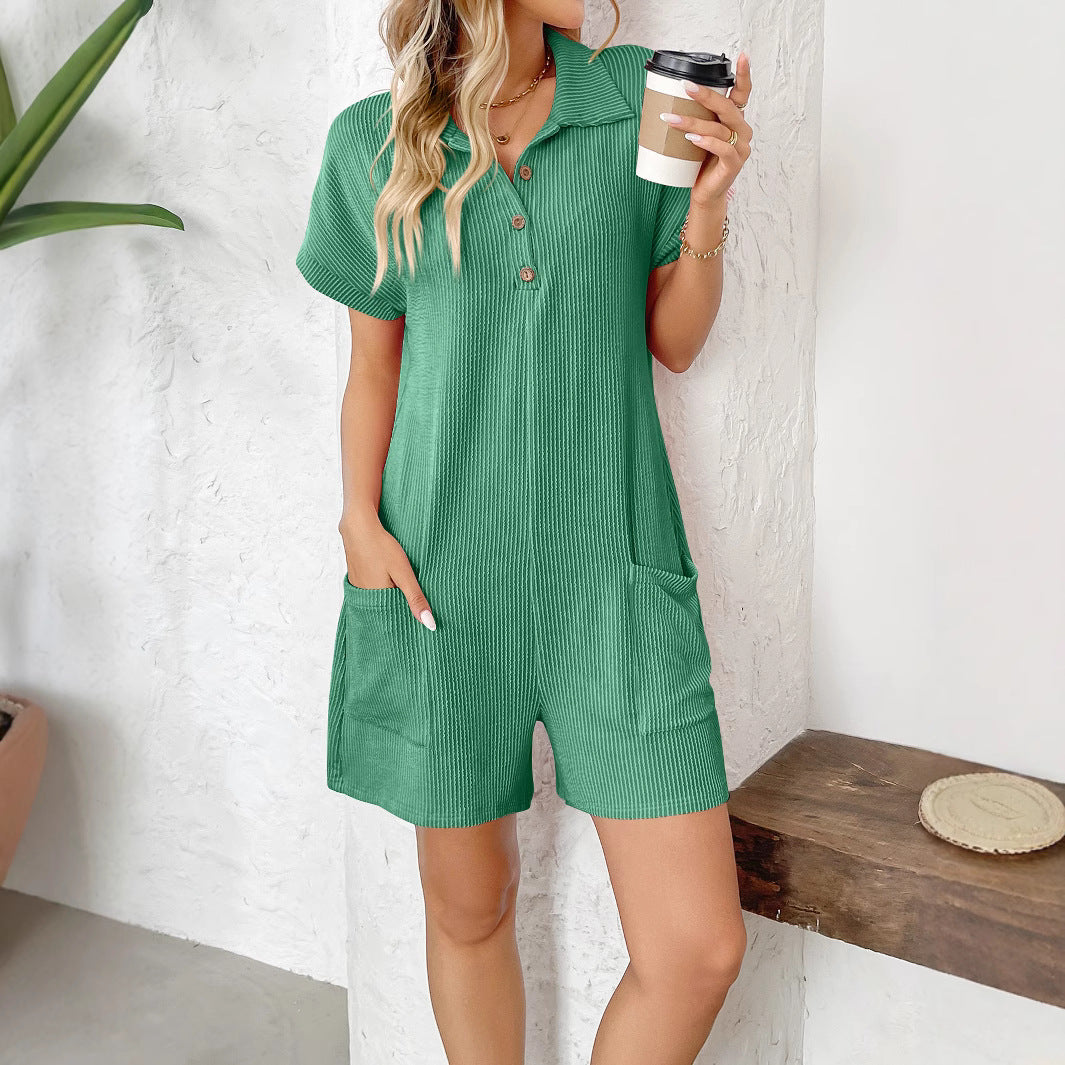 Lapel Button Loose Pocket Short Sleeve Jumpsuit