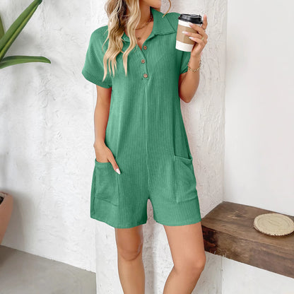 Ribbed Collared Button Romper Loose Pocket Lounge Outfit