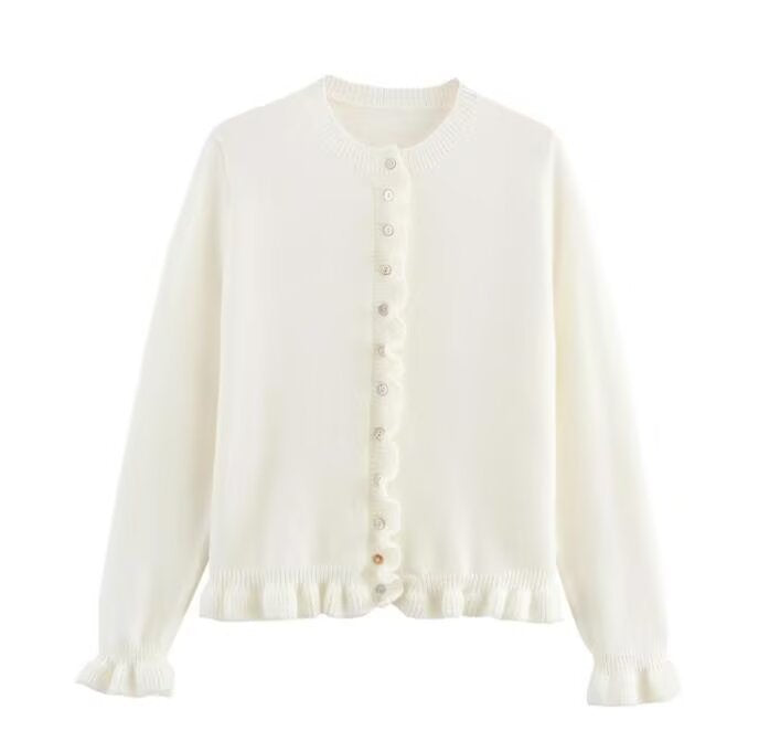 Ruffle Trim Button Front Long Sleeve Cardigan