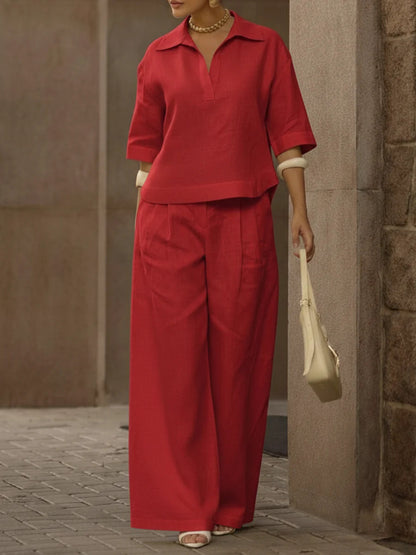 Women's Solid Matching Set Wide Leg Pants Collared Top