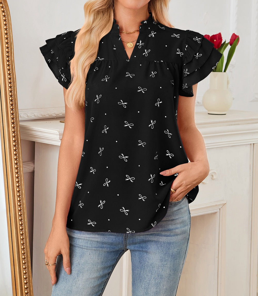 Bow Print Ruffle Sleeve V Neck Chiffon Blouse Top