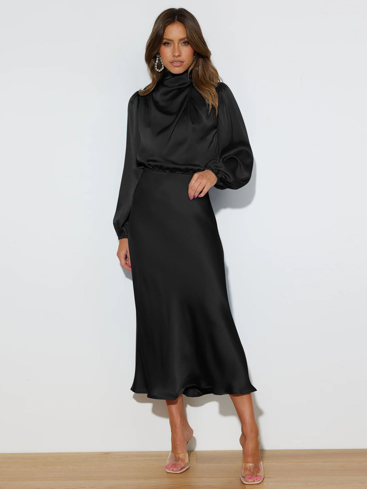 Satin Mock Neck Puff Sleeve Bodycon Midi Dress Cocktail