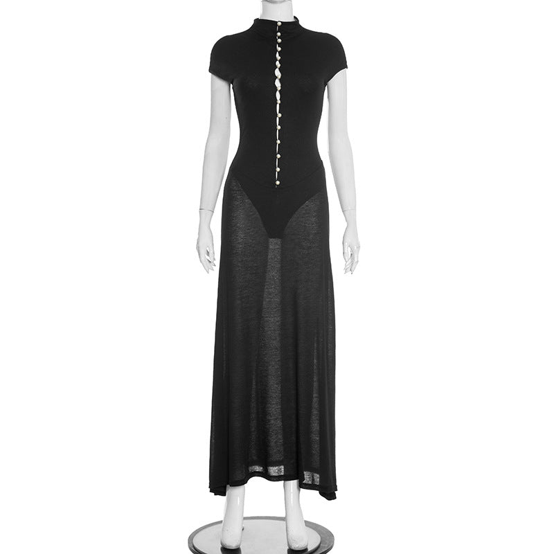 Mock Neck Cutout Bodycon Maxi Dress Short Sleeve