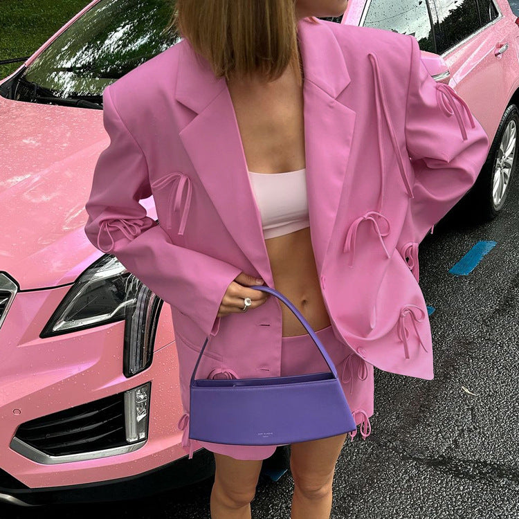 Women's Pink Bow Detail Oversized Casual Blazer