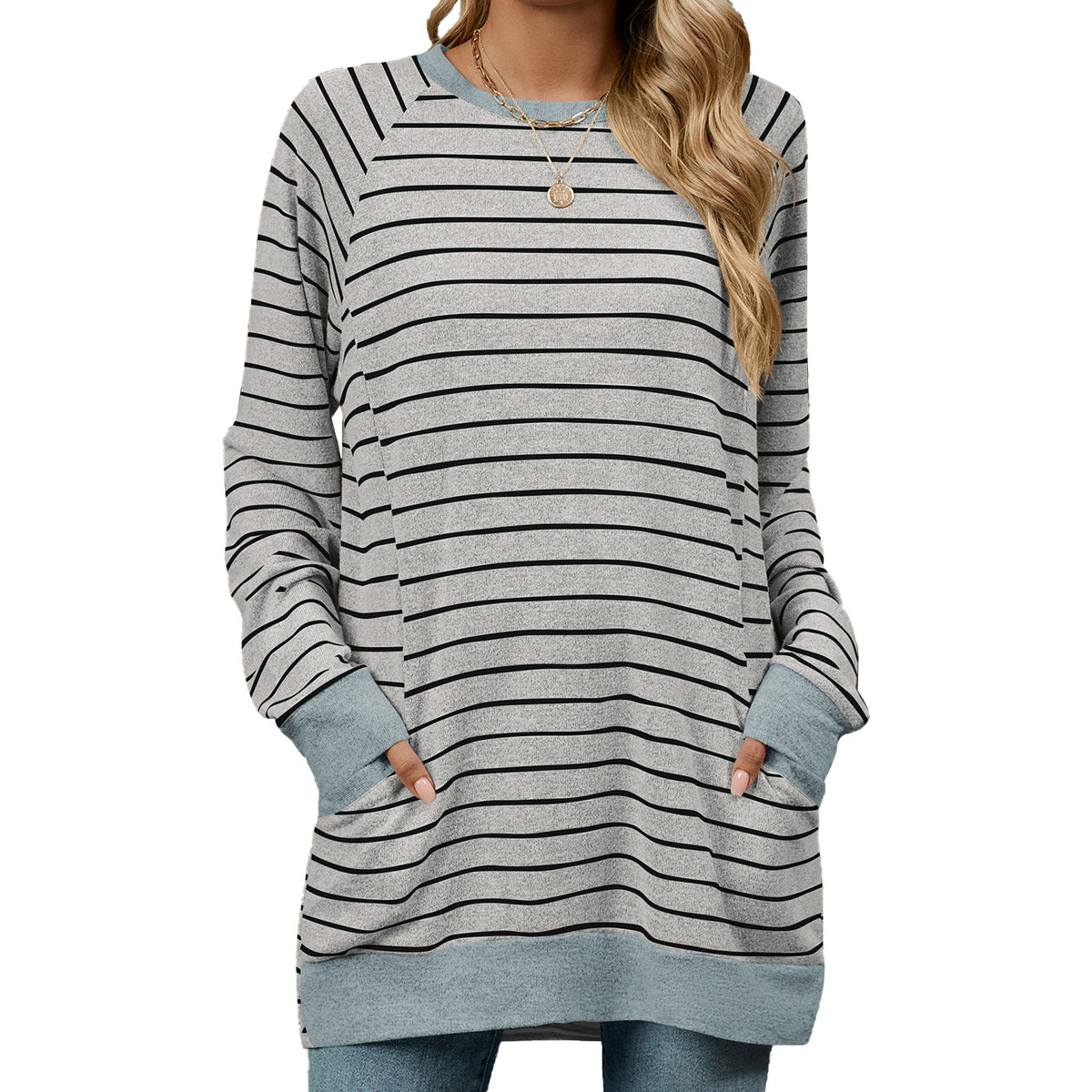 Women's Striped Color Block Long Sleeve Pocket Tunic