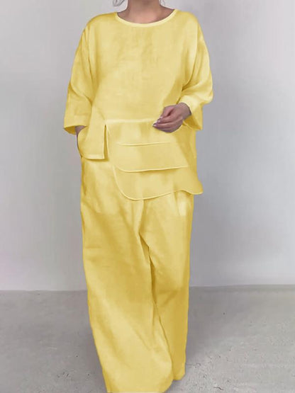 Satin Layered Top Wide Leg Pants Two Piece Set