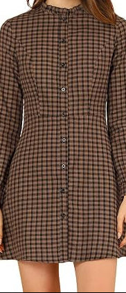 Plaid Ruffle Collar Button Front Long Sleeve Mini Dress
