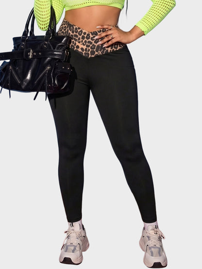 High Waist Leopard Panel Crossover Stretch Leggings