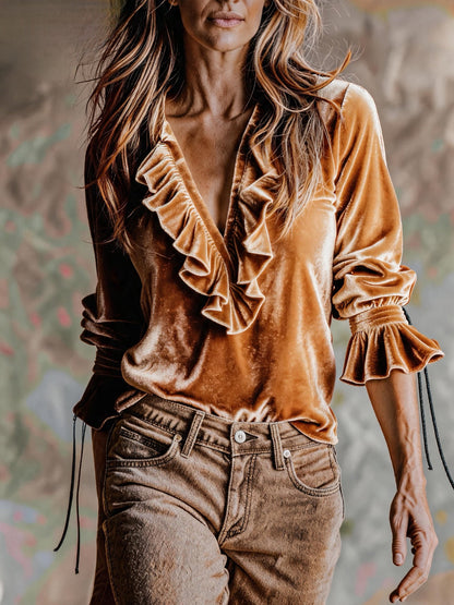 Velvet Ruffle V-Neck Boho Blouse Top