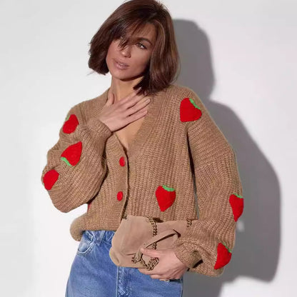 Oversized Chunky Knit Strawberry Cardigan Sweater