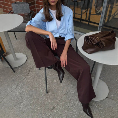 Women's Mocha Brown Pleated High Waist Wide Leg Trousers