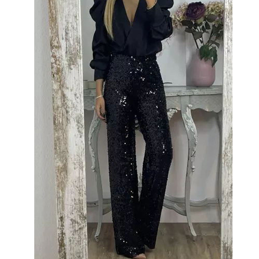 Sequin Flare Pants Women Stretchy Glitter Party Trousers
