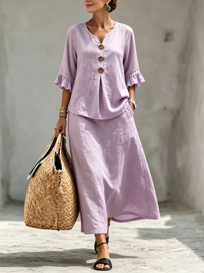 Boho Button Front Flounce Sleeve Top Midi Skirt Set