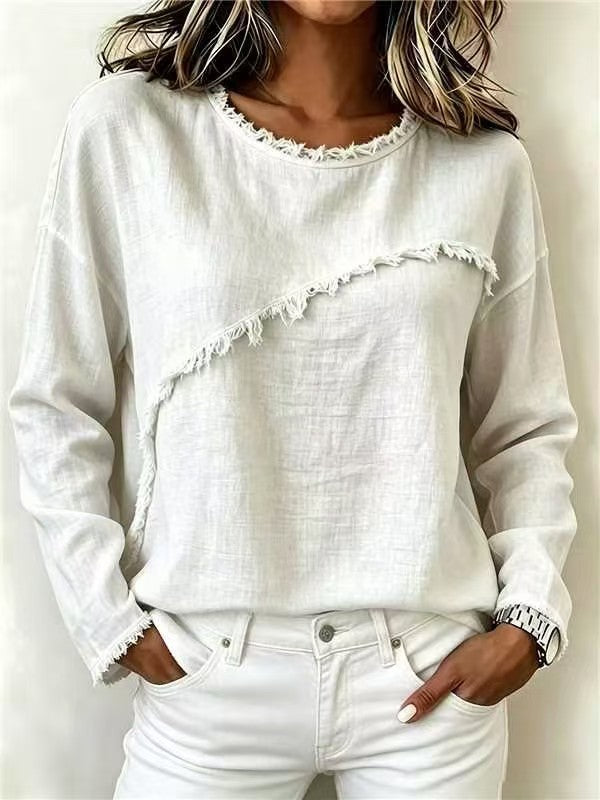 Women's Fringe Trim Crew Neck Long Sleeve Boho Top