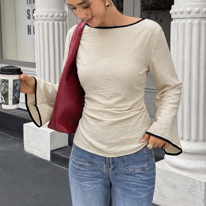 Back Tie Boat Neck Long Sleeve Slim Fit Knit Top