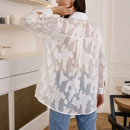 Women's Oversized Sheer Jacquard Button Up Blouse