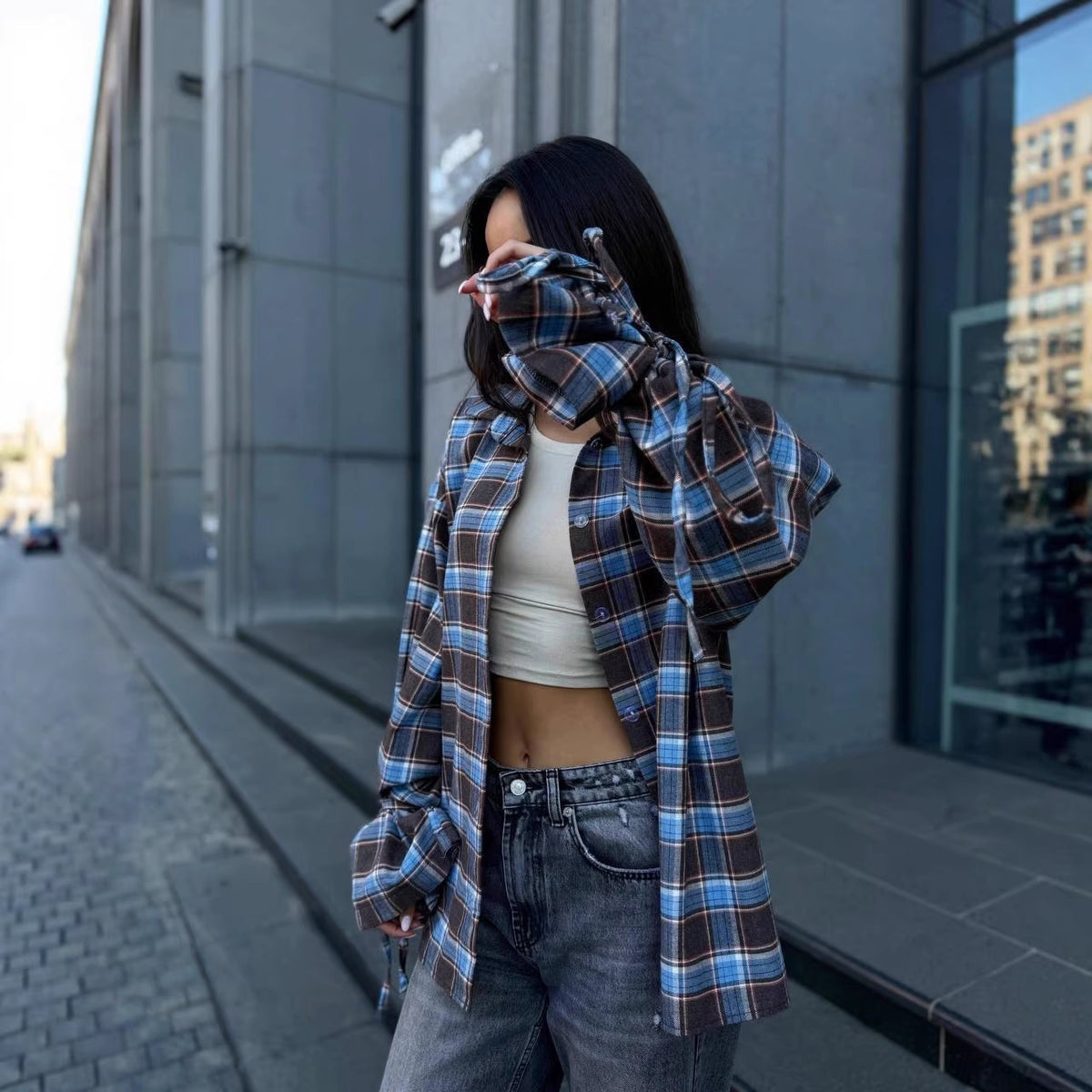 Oversized Plaid Tie Waist Long Sleeve Shirt Women