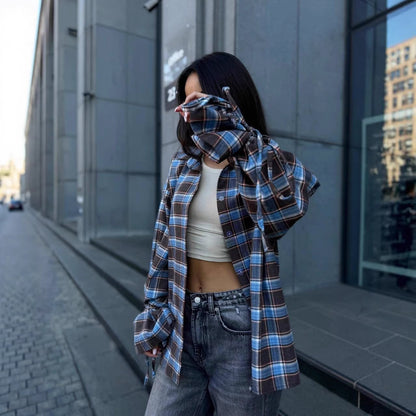 Oversized Plaid Tie Waist Long Sleeve Shirt Women