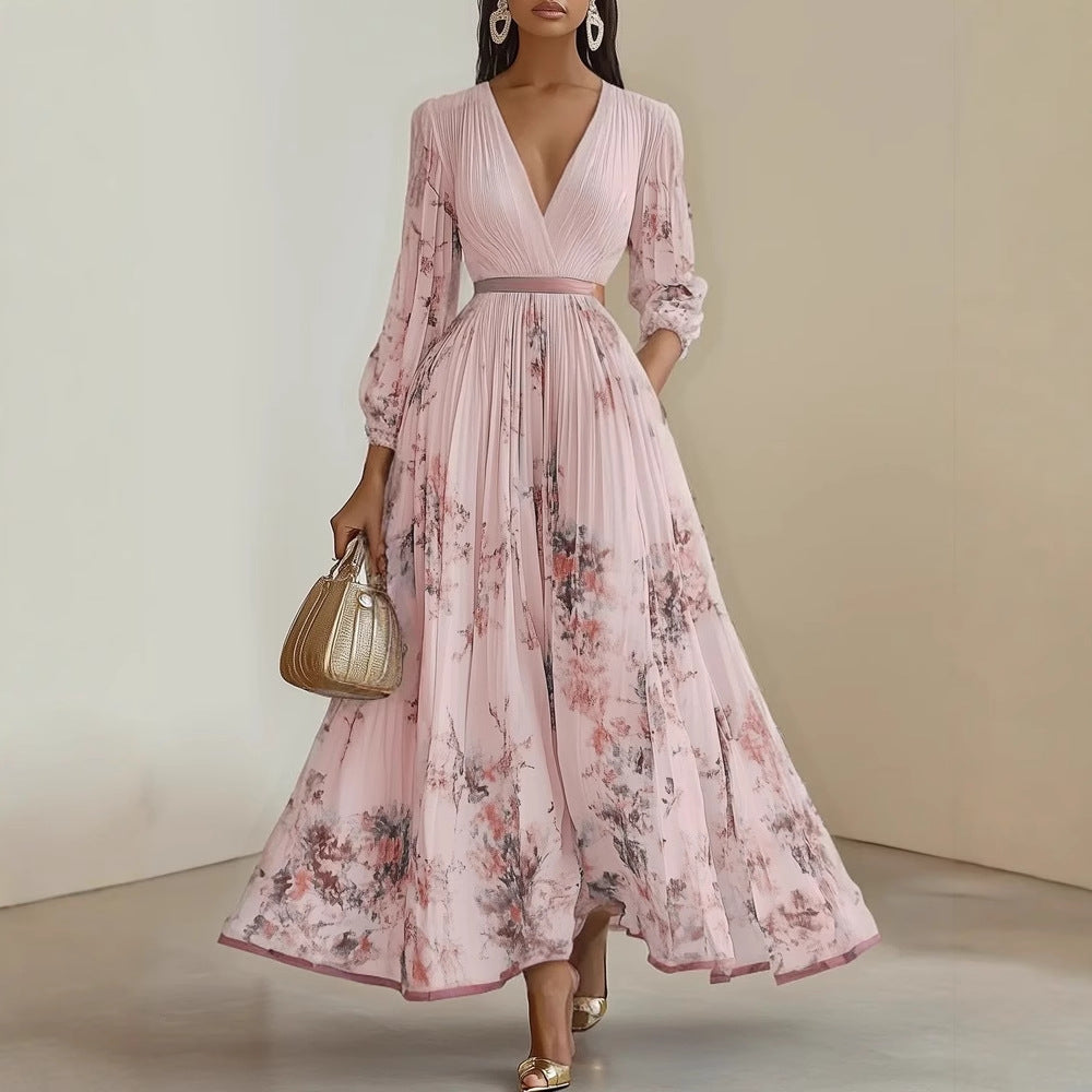 Floral Pleated V-Neck Long Sleeve Maxi Dress