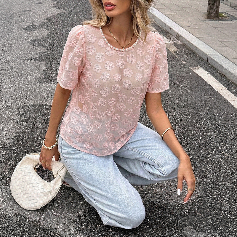 Pink Floral Jacquard Puff Sleeve Blouse Pearl Neck Top