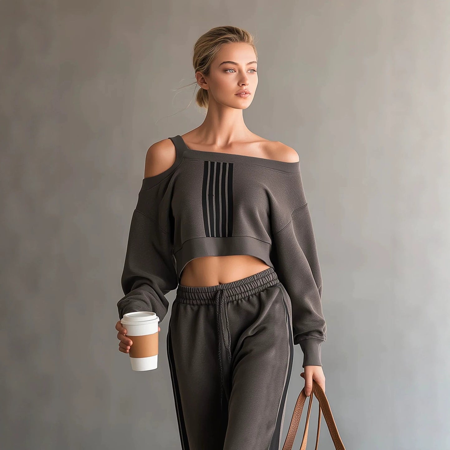 Off Shoulder Crop Sweatshirt and Sweatpants Matching Set