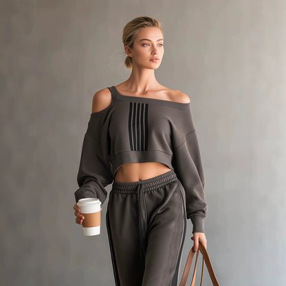 Off Shoulder Crop Sweatshirt and Sweatpants Matching Set