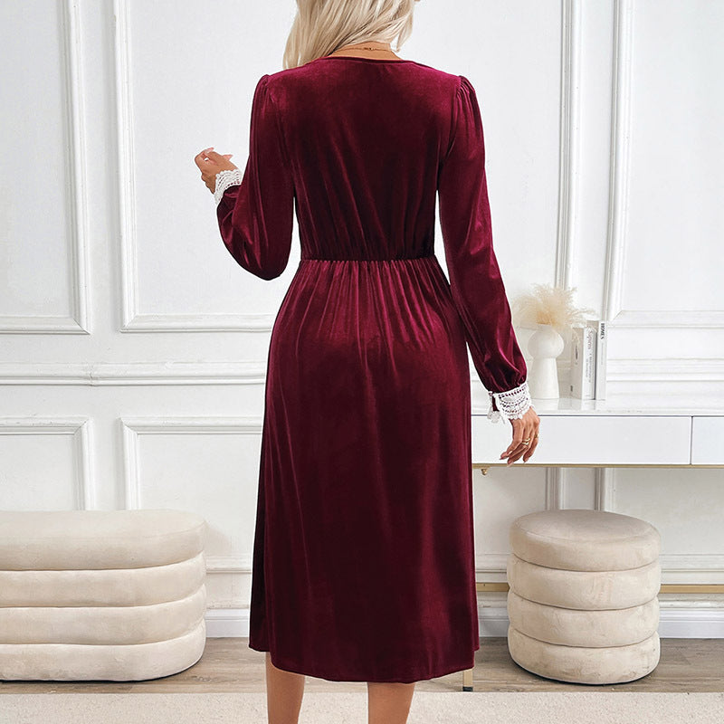 Party Velvet Dress Autumn and Winter Lace Stitching Contrasting Dress Dress