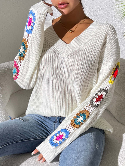 Fall/Winter Casual Loose V-Neck Crochet Floral Sweater